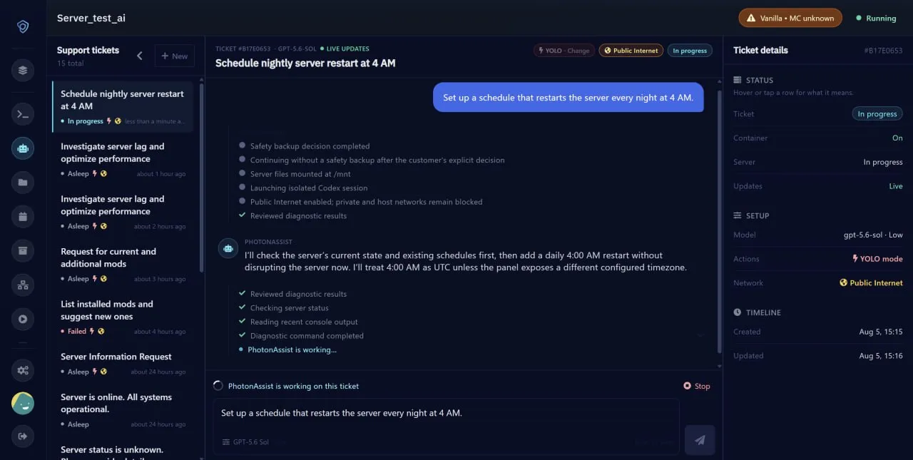 Live PhotonAssist ticket streaming backup decisions, sandbox preparation, server checks, and diagnostics